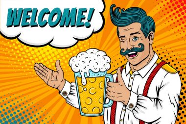 Pop art erkek yüz. Adam bıyık, açık gülümseme ve onun el göz kırpmalar, Puan hoş geldiniz konuşma balonu bira büyük bir fincan. Vektör retro çizgi roman tarzı renkli resimde. Oktoberfest davet afişi.