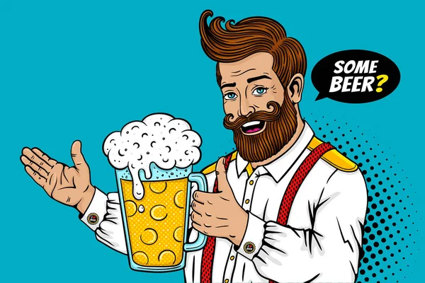 Pop art male face. Sexy bearded man open smile and big mug of beer in his hand with thumb up and some beer? speech bubble. Vector colorful illustration in retro comic style. Party invitation poster. — Stock Vector