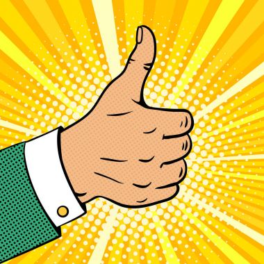 Pop sanat arka başparmak noktalı resim gösterilen takım elbiseli erkek el ile. Vektör renkli el ile noktalı resim illüstrasyon retro çizgi roman tarzında çekilmiş..