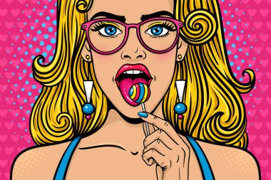 Kadın yüzü Vay. Uzun sarı saçlı gözlüklü seksi genç kadın closeup ağız, onun elinde parlak lolipop açın. Vektör renkli arka planda pop sanat retro çizgi roman tarzı. Şeker dükkanı poster.