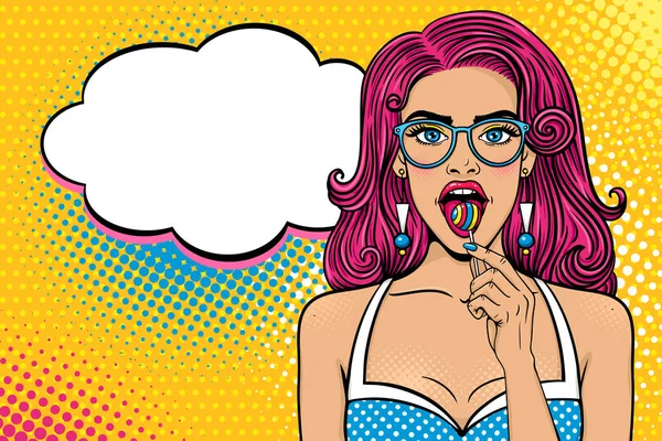 Wow vrouwelijke gezicht. Sexy meisje in glazen met lange roze haren, mond open, heldere lolly in haar hand en spraak zeepbel. Vector kleurrijke achtergrond in popart retro komische stijl. Candy shop poster. — Stockvector