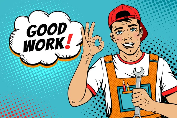 Wow pop art worker face. Young handsome man in coveralls and baseball cap smiles, shows okay sign, holds wrench and Good work! speech bubble. Vector illustration in retro comic pop art  style. — Stock Vector