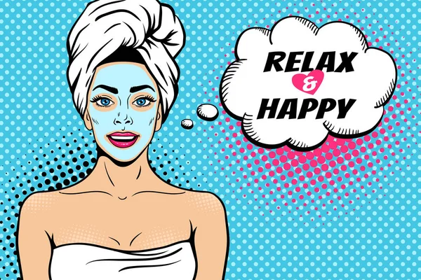 Pop art cara femenina. Sexy mujer joven con en toalla de baño con máscara cosmética en su cara sonriendo y relajarse y burbuja de habla feliz. Vector fondo brillante en el estilo retro cómic arte pop . — Archivo Imágenes Vectoriales