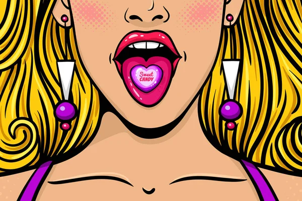 Κοντινό πλάνο της σέξι νεαρή γυναίκα με μακριά ξανθά μαλλιά, το στόμα ορθάνοιχτο, φωτεινό καραμέλες για τη γλώσσα της με καραμέλα γλυκό κείμενο. Πολύχρωμο φόντο διάνυσμα σε pop art comic στυλ ρετρό. Διαφημιστική αφίσα. — Διανυσματικό Αρχείο