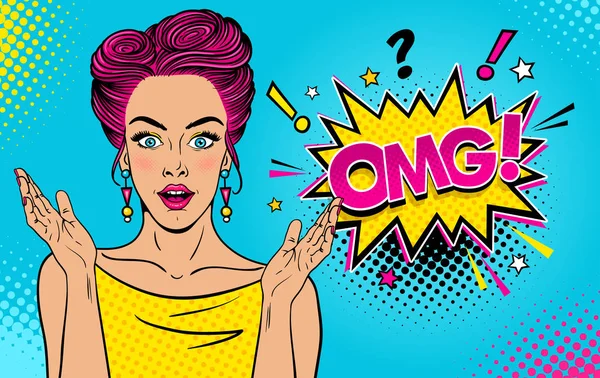 Wow female face. Sexy surprised young woman with open mouth and pink pin up hair, bright makeup and OMG speech bubble. Vector colorful background in pop art retro comic style. Party invitation poster. — Stock Vector