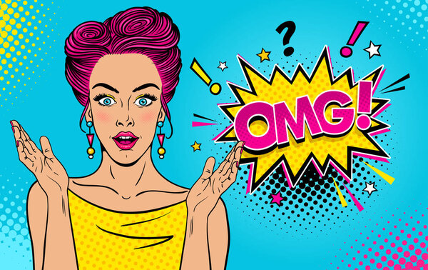 Wow female face. Sexy surprised young woman with open mouth and pink pin up hair, bright makeup and OMG speech bubble. Vector colorful background in pop art retro comic style. Party invitation poster.