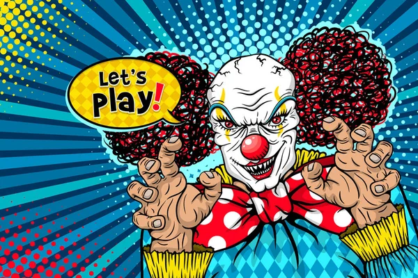 Giochiamo! Malvagio mostro clown spaventoso con grande papillon rosso sorride, alza le mani e la bolla discorso. Illustrazione vettoriale in stile comico retrò. Sfondo pop art colorato. Invito festa di Halloween . — Vettoriale Stock