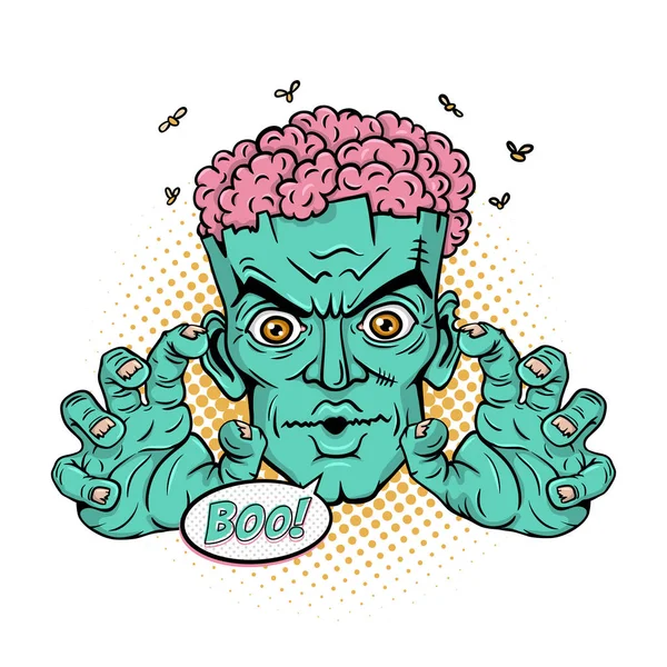 Cartoon hand drawn zombie with brains out rises his hands and Boo! speech bubble. Vector illustration in retro comic pop art style isolated on white background. Halloween object. — Stock Vector