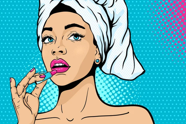 Maquiagem pop art. Close-up de menina sexy em toalha de banho em sua cabeça pinta os lábios com batom na mão. Vector fundo colorido no estilo de arte pop retro cômico. Cosméticos aplicados no rosto feminino . —  Vetores de Stock