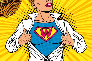 Pop art kadın süper kahraman. Beyaz ceket giymiş genç seksi kadın gülümseyen kadın göğüs üzerinde W işareti ile t-shirt anlamına gelir süper kahraman uçar gösterir. Vektör çizim retro pop sanat komik tarzı.