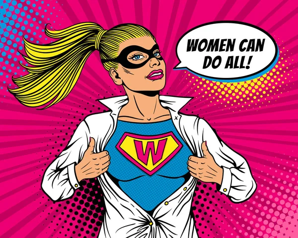 Pop art superhero. Young sexy woman dressed in mask and white jacket shows superhero t-shirt with W sign on chest and Women can do all speech bubble. Vector illustration in retro pop art comic style. — Stock Vector