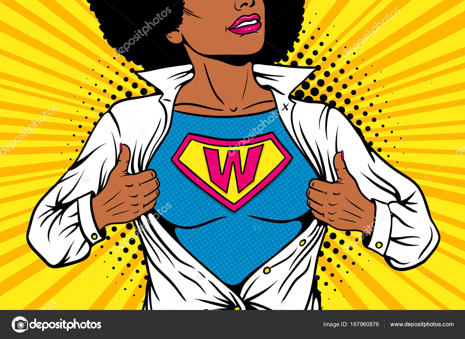 Women Power. Pop art sexy blonde woman in mask shows superhero t-shirt with  W sign