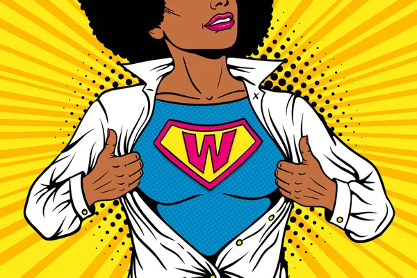 Pop art female superhero. Young sexy afro american woman dressed in white jacket shows superhero t-shirt with W sign means Woman on the chest. Vector illustration in retro pop art comic style. — Stock Vector