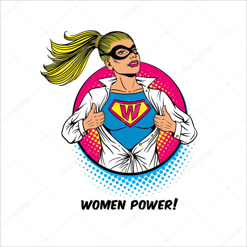 Women Power. Pop art sexy blonde woman in mask shows superhero t-shirt with W sign on chest in circle on white background. Female power, rights, feminism. Vector  illustration in retro comic style.