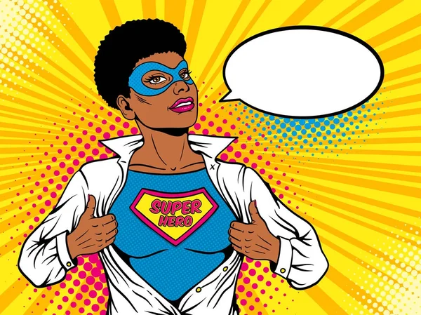 Female superhero. Young sexy afro american woman in mask with short hairstyle dressed in white jacket shows t-shirt with superhero text on the chest. Vector illustration in retro pop art comic style. — Stock Vector