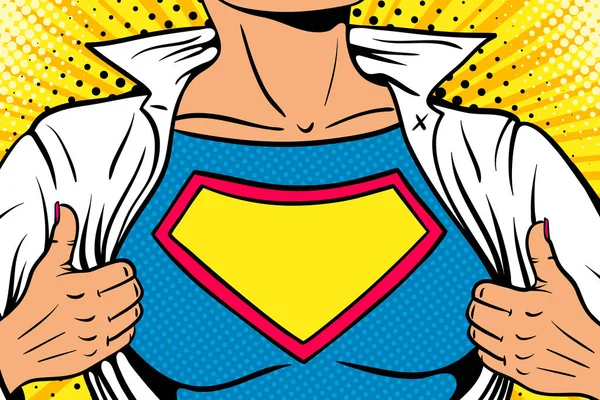 Pop art female superhero. Closeup of sexy woman dressed in white jacket shows superhero t-shirt empty sign on the chest. Vector illustration in retro pop art comic style. Pop art background. — Stock Vector