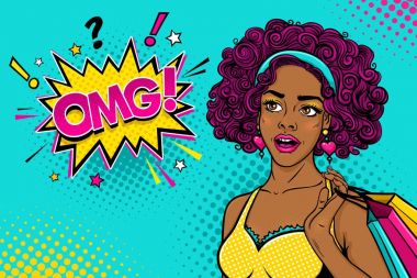 Kadın yüzü Vay. Seksi sürpriz genç afro kadın açık ağız ve alışveriş torbaları tutarak ve Omg seyir kıvırcık saç! konuşma balonu. Vektör renkli arka planda pop sanat retro komik tarzı. 