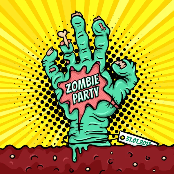 Cartoon halloween mão zumbi sai do solo com uma inscrição festa zumbi. Ilustração vetorial em estilo retrô cômico. Fundo de arte pop colorido. Halloween monstro festa convite cartaz . —  Vetores de Stock