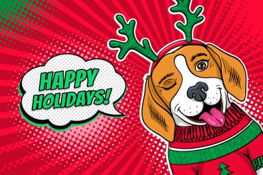 Pop sanat köpek suratı Vay. Komik Noel kazağı ve geyik boynuzları Göz kırpmalar ve Happy Holidays konuşma balonu beagle şaşırttı. Vektör Christmas illüstrasyon retro çizgi roman tarzı. Yeni yıl arka plan.