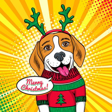 Pop sanat köpek suratı Vay. Bir kazak ve geyik boynuzları ve Merry Christmas konuşma balonu içinde diliyle komik tatlı sürpriz beagle. Vektör Christmas illüstrasyon retro çizgi roman tarzı. Yeni yıl arka plan.