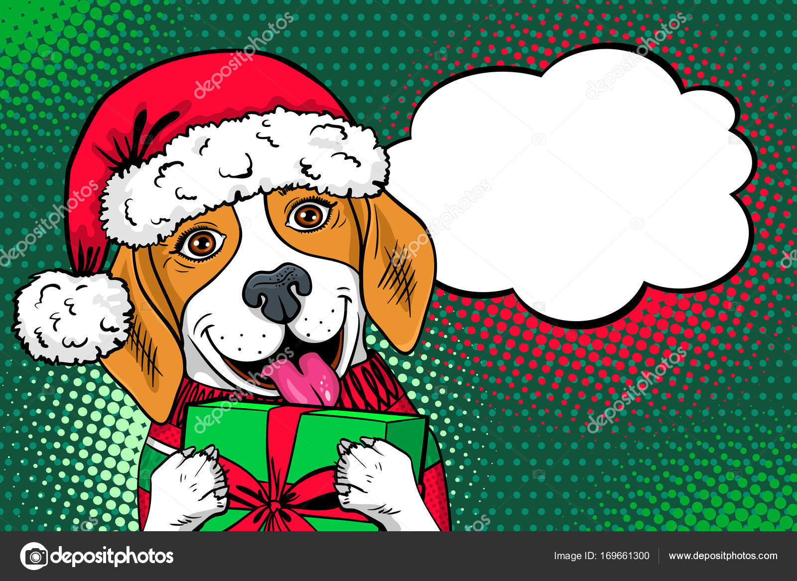 Wow PopArt Hund Gesicht. Lustig überrascht Hund im Weihnachtsmann