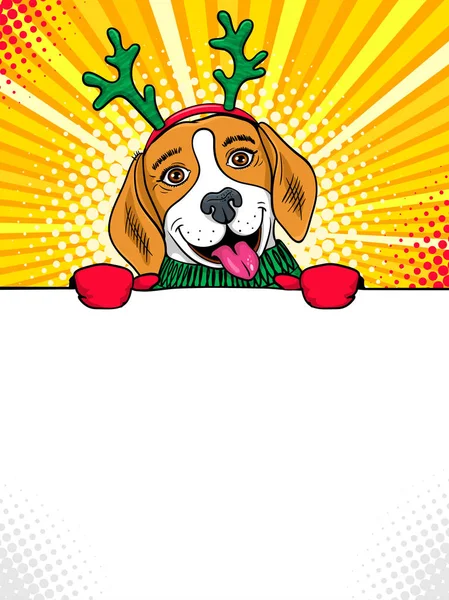 Wow pop art dog face. Funny cute surprised beagle with tongue in a sweater and deer horns aholding a banner in his hands. Vector Christmas illustration in retro comic style. New Year party invitation. — Stock Vector