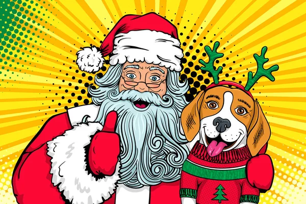Πω πω ζευγάρι pop art. Άγιος Βασίλης με ανοιχτό το στόμα αγκαλιές αστείο έκπληκτος λαγωνικό σκυλί σε ένα πουλόβερ και ελάφια κέρατα andand δείχνει τον αντίχειρα επάνω. Vector εικονογράφηση Χριστούγεννα στο κόμικ στυλ ρετρό. Νέο έτος αφίσα. — Διανυσματικό Αρχείο