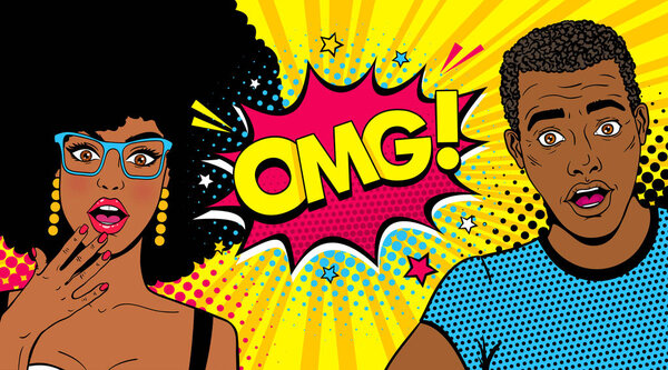 Wow afro american couple. Handsome young surprised man and sexy woman in glasses with open mouths and speech bubble with OMG! text. Vector colorful cartoon background in pop art comic retro style.