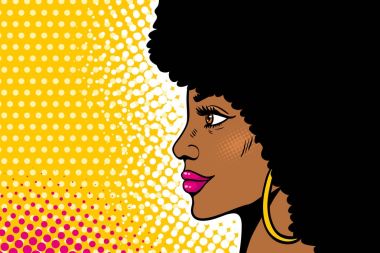 Afro-Amerikan pop art kadın yüzü. Seksi genç siyah kadın profili büyük küpeler, afro saç modeli ile. Pop sanat retro çizgi roman tarzı noktalı resim arka plan üzerinde renkli resimde vektör.