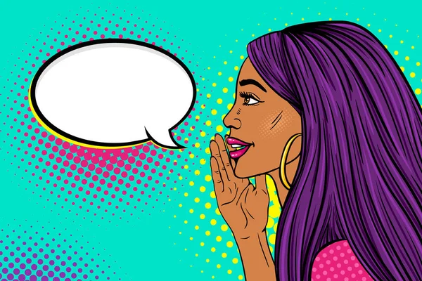 Kadın yüzü Vay. Profil seksi genç womangirl uzun zaman mor saçlı ve koyu tenli bir gizli ve boş konuşma balonu söylüyorum bir gülümseme ile şaşırttı. Vektör arka planda pop sanat retro komik tarzı. 