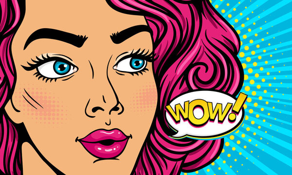 Wow female face. Closeup of sexy surprised young woman with open mouth and pink curly hair and Wow! speech bubble. Vector colorful background in pop art retro comic style. Party invitation poster.