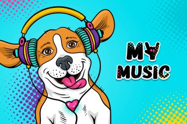 Pop sanat köpek suratı Vay. Renkli kulaklık müzik dil ile açık ağız ile komik mutlu sürpriz köpek beagle. Vektör çizim karikatür komik tarzı. Parti Davetiyesi poster.
