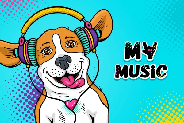 Cara de cão de arte pop. Engraçado feliz beagle cão surpreso com boca aberta com língua em fones de ouvido coloridos ouvir a música. Ilustração vetorial em quadrinhos de desenhos animados. Cartaz do convite do partido . —  Vetores de Stock