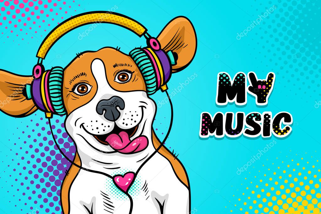 Wow pop art dog face. Funny happy surprised dog beagle with open mouth with tongue in colorful headphones  listening to the music. Vector illustration in cartoon comic style. Party invitation poster.