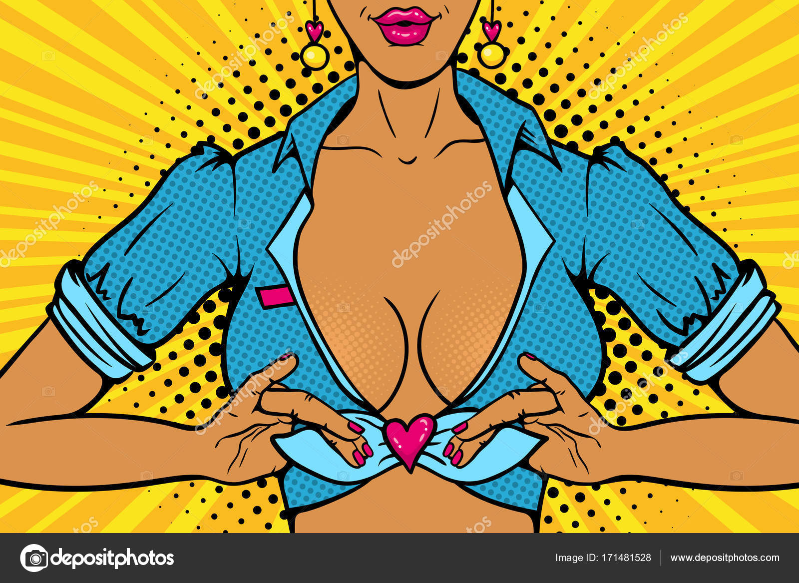 Closeup of young sexy woman with big chest tying a shirt into a knot in the  form of heart. Vector bright illustration in retro comic pop art style.  Party invitation poster. Stock