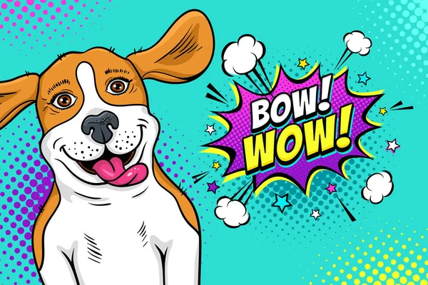 Faccia da cane pop art. Divertente beagle cane felice sorpreso con la bocca aperta con la lingua e le orecchie volanti e arco! Accidenti! bolla vocale. Illustrazione vettoriale in stile comico retrò. Manifesto invito festa . — Vettoriale Stock