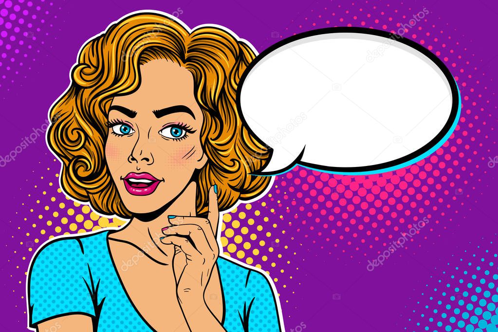 Wow female face. Young sexy surprised blonde woman with open mouth looking at empty speech bubble and holding hand with the index finger raised. Vector colorful background in pop art retro comic style