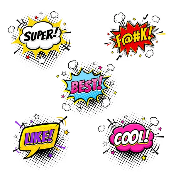 Komické bubliny a šplouchání sada různé emoce a textem Super, F@#k, Best, jako, Cool. Vektorové ilustrace barevné dynamické kreslené na polotónové izolovaných na bílém pozadí. — Stockový vektor