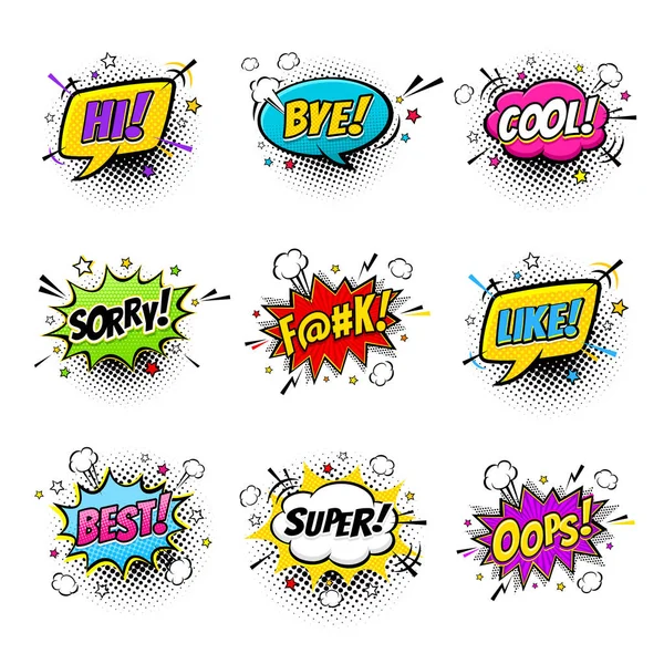 Комические речевые пузыри и спайсы с разными эмоциями и текстами Hi, Bye, Cool, Sorry, Like, Best, Super, Oops. Векторные ярко-динамические иллюстрации на белом фоне . — стоковый вектор