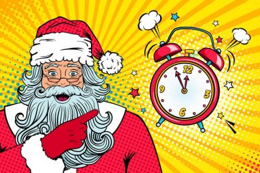 Noel pop sanat yüz. Vay canına Noel Baba kırmızı ile sürpriz yüz kostüm ve çalar saat zil ağız işaret açın. Vektör çizim retro çizgi roman tarzı. Yeni yıl partisi daveti poster.