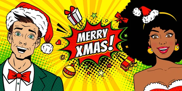 Joven hombre sorprendido y sexy mujer afroamericana sorprendida con bocas abiertas en sombreros de Santa Claus y burbuja de discurso de Feliz Navidad. Fondo vectorial en estilo cómico de arte pop. Cartel de invitación de Año Nuevo . — Vector de stock
