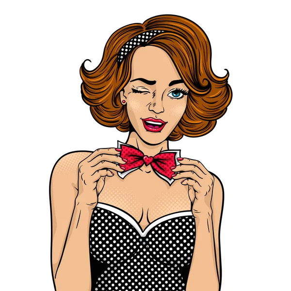 Wow pop art face. Young sexy woman with open smile winks and corrects her bow tie. Vector illustration in retro comic style isolated on white background. Party invitation girl. — Stock Vector