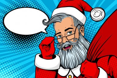 Pop Sanat Noel Baba sürpriz yüz ile Kırmızı kostümlü wow ve gözlük ve hediyeler ihale ağzını aç. Vektör çizim retro pop sanat çizgi roman tarzı. Noel davet. Yeni yıl poster.