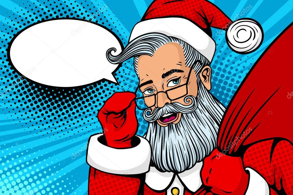 Wow pop art Santa Claus in red costume with surprised face and open mouth holding glasses and gifts bag. Vector illustration in retro pop art comic style. Christmas invitation. New Year poster.