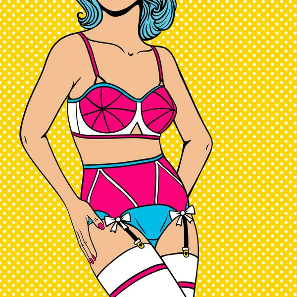 Cuerpo sexy de mujer joven pin up con pelo azul en ropa interior rosa y medias blancas en estilo vintage sobre fondo de lunares. Ilustración colorida del vector en el estilo retro del cómic del arte pop . — Vector de stock