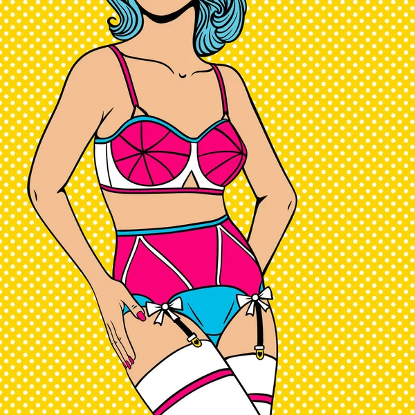 Sexy ciało młodego pin up kobieta z niebieskie włosy w różowy bielizny i białe pończochy w stylu vintage na tle punktów. Wektor ilustracja kolorowy w retro komiks stylu pop art. — Wektor stockowy