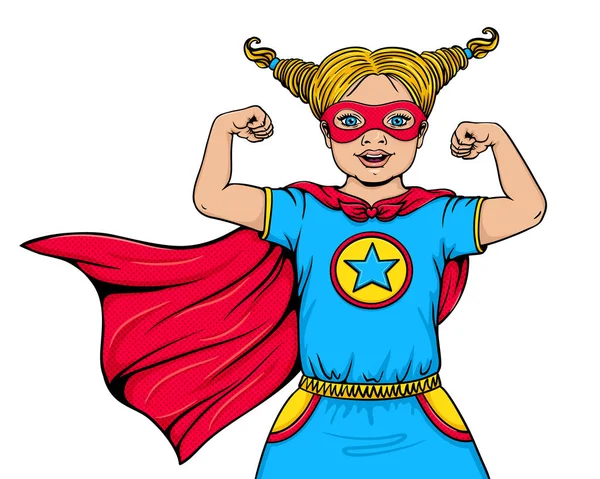 Симпатичная счастливая маленькая девочка в костюме супергероя с открытым ртом демонстрирует свою силу и силу. Векторная карикатура, нарисованная вручную в стиле поп-арта, выделена на белом фоне. Супермалыш . — стоковый вектор