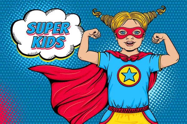 Wow face. Cute surprised blonde little girl dressed like superhero with open mouth shows her power and Super Kids speech bubble. Vector illustration in retro pop art comic style. Invitation poster. Royalty Free Stock Vectors