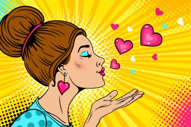 Vay be love kızı. Profilde kapalı gözler olan seksi kadın hava öpücük ve uçan kalpler gönderir. Vektör renkli arka plan retro pop sanat çizgi roman tarzı. Sevgililer günü partisi davetiyesi poster.
