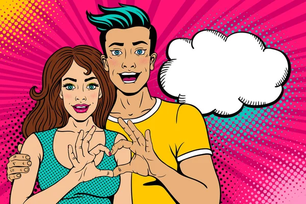 Wow love couple. Happy young man sexy woman with open mouth show heart sign by their hands and empty speech bubble. Vector bright background in retro pop art comic style. Valentines day party poster. — Stock Vector